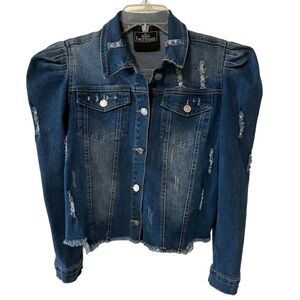 Alla Berman Revolve Distressed Denim Puff Sleeve Frayed Hem Denim Jean Jacket S